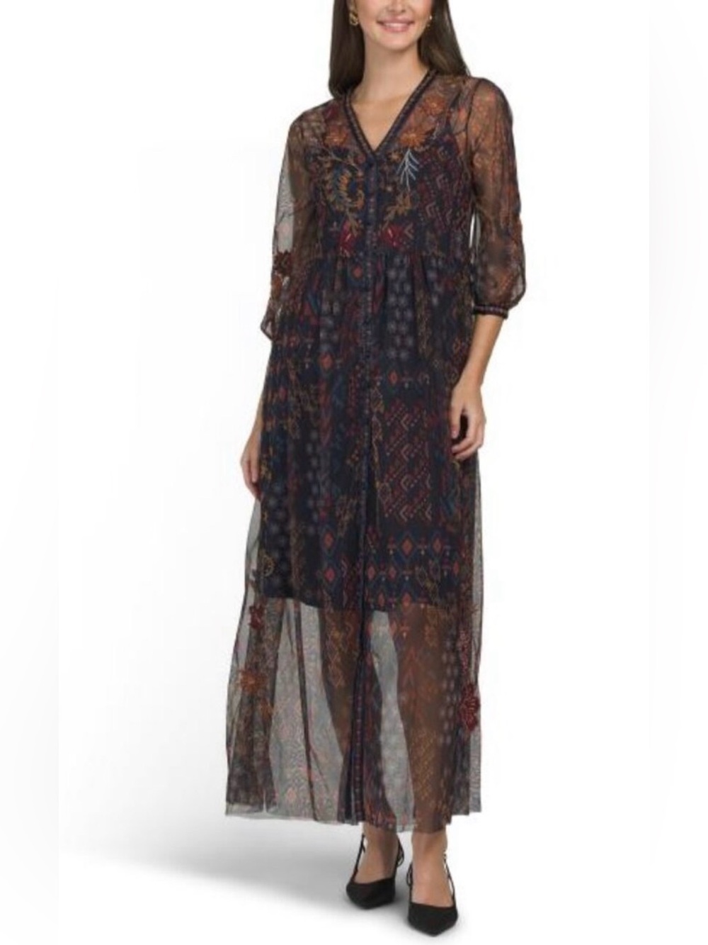 Johnny Was Theia Mesh Maxi Dress Navy Sheer size M NWT $159
